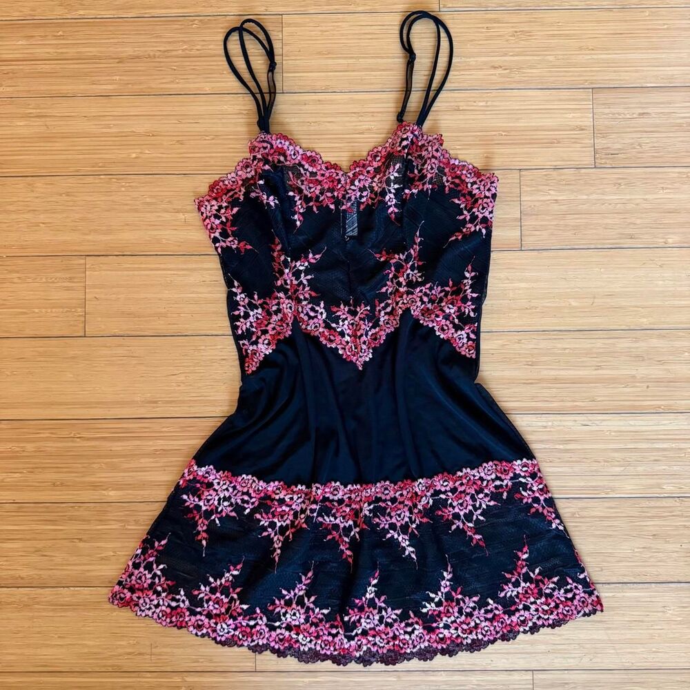 Wacoal Sheer Lace Chemise Dress M Black Pink Floral Lingerie Babydoll Slip